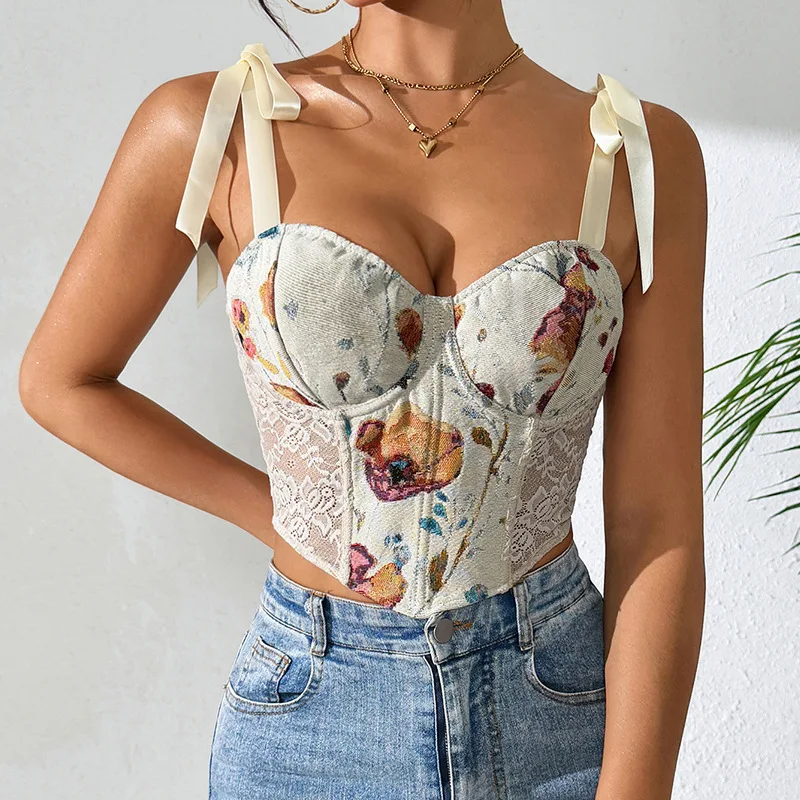 Flower Printed Lace Up Crop Tops Corset Sexy Sleeveless Backless Halter Corsets Women Slim Camisole Vest Fashion Tank Top Summer