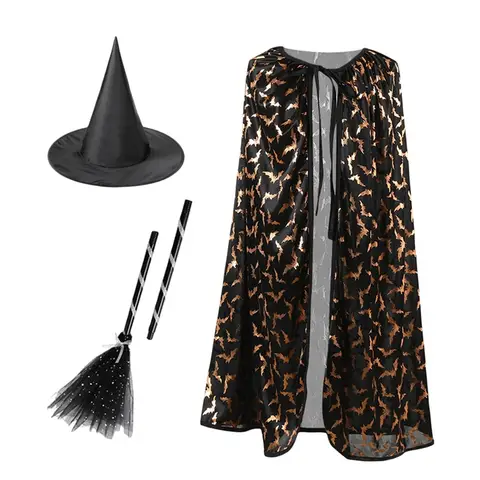 Halloween Witch Costume for Girls Deluxe Wizard Cloak with Witch Hat Broom Set Cosplay Props