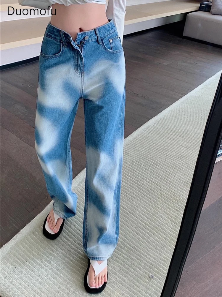 Duomofu Summer Contrast Color Loose Casual Female Jeans Blue Chicly High Waist Slim Fashion Simple Full Length S-XL Women Jeans