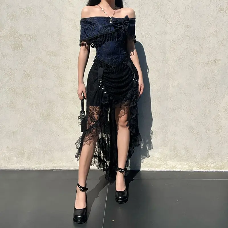 

One Shoulder Top Set, Women's Lace Trailing Versatile Fashion New Style