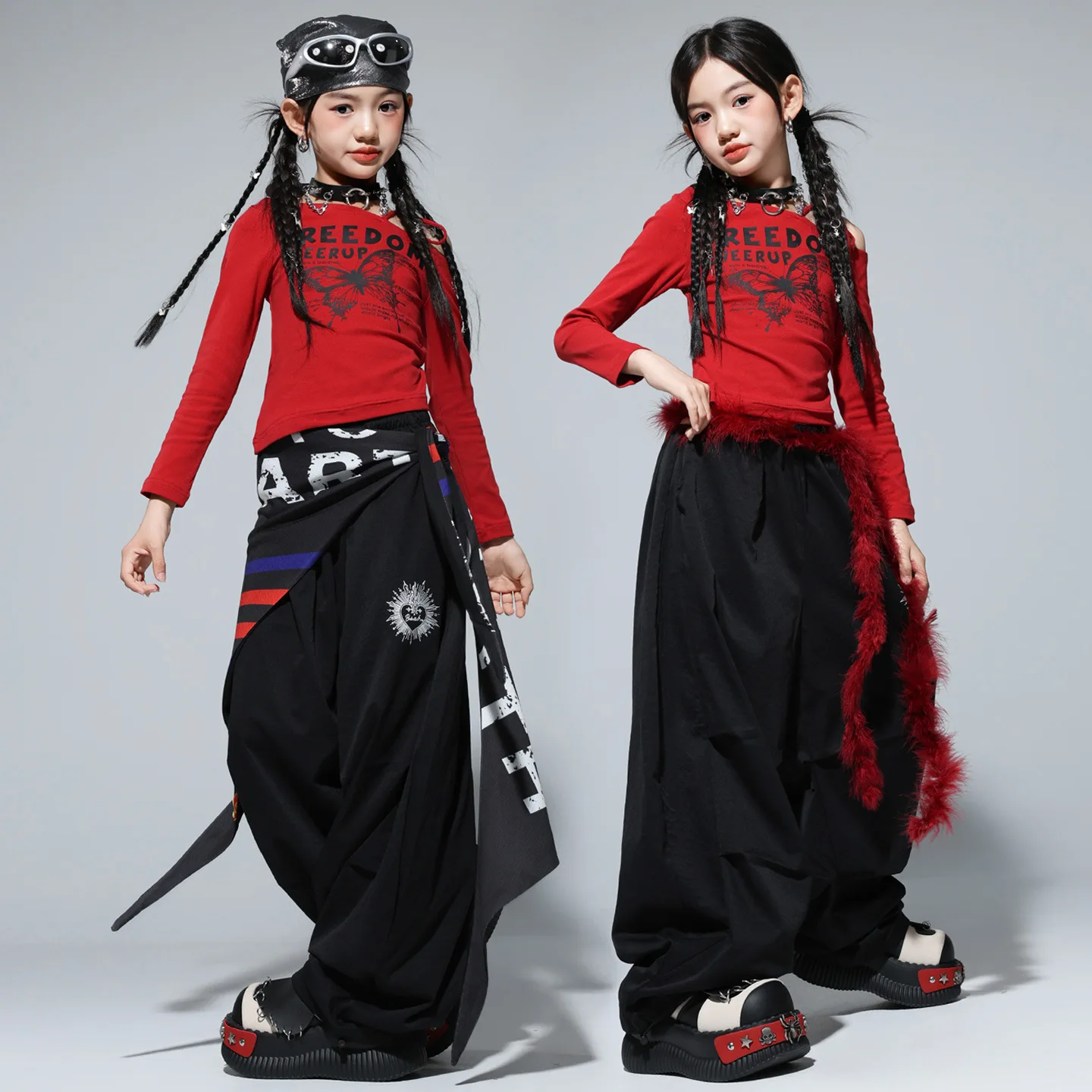 

Детская одежда в стиле хип-хоп Kpop, красная футболка с наклонными плечами и длинными рукавами, черные брюки с парашютом для девочек, костюмы для уличных танцев, одежда