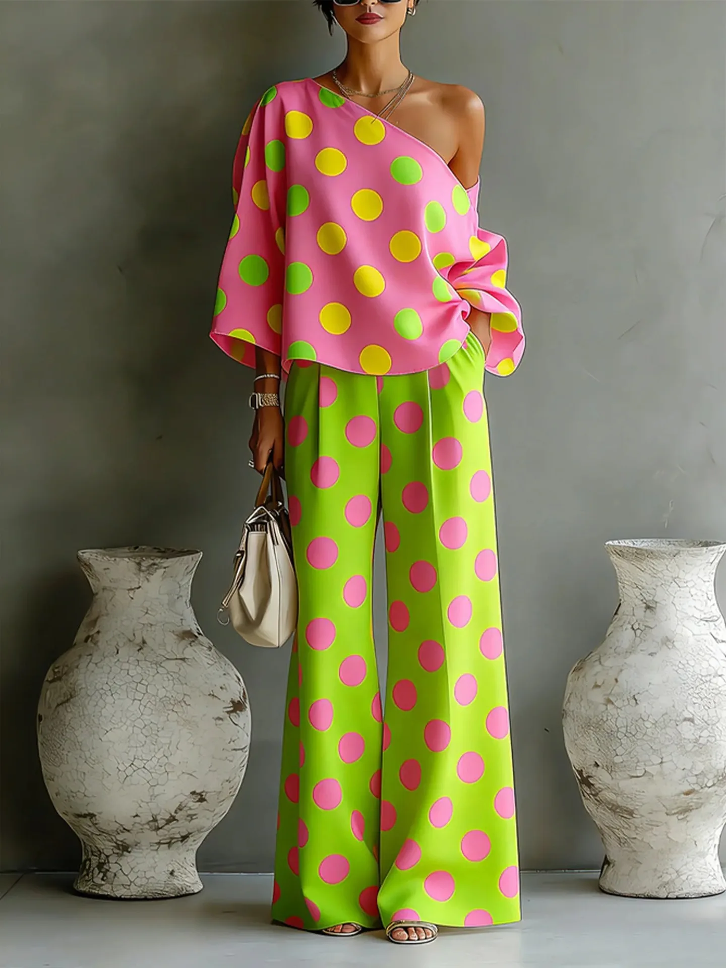 Summer New Color Wave Point Set Women Slant Shoulder Open Back Top+High Waist Wide Leg Pants Vacation Style Loose 2 Piece Suit