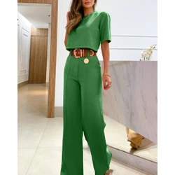 2023 Casual Women Half Sleeve Crop Top & Wide Leg Pants Set Summer Femme Office Lady Two Pieces Suit Set Outfits Korean Style