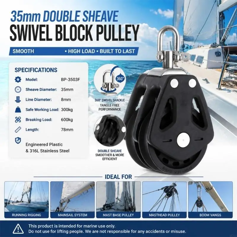 M76E Yacht-Rigging-Riemenscheibenblock für Steuerleinensysteme, doppelscheibige Marine-Hardware mit 35-mm-Rädern, leichtgängigem – Detail 2