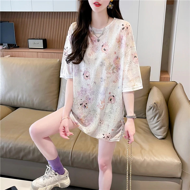 

2024 Temperament Printing Summer New Round Neck Women's Fashion and Casual Versatile Mid Length Loose Short Sleeved T-shirt Tops