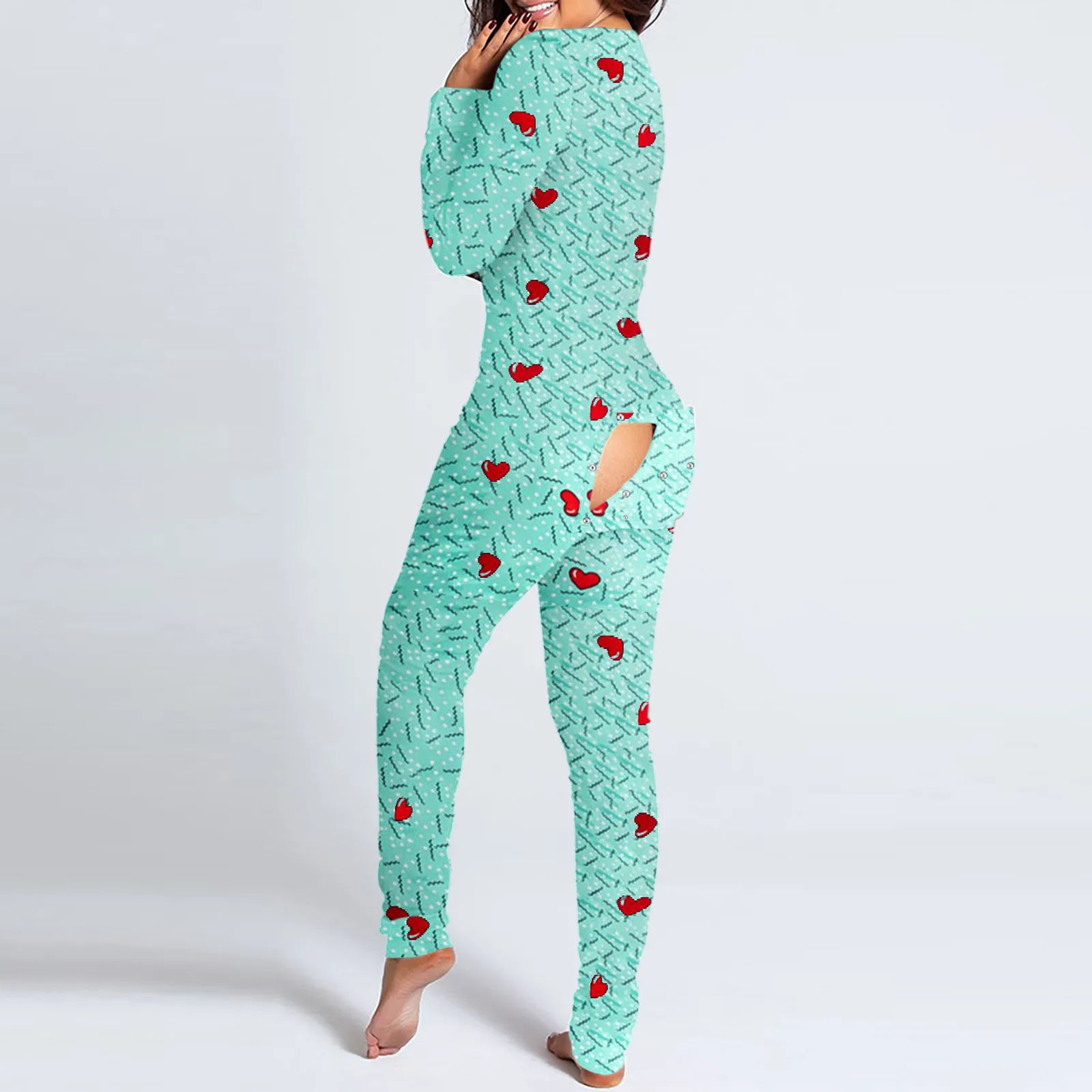 Womens Jumpsuit Button Down Onesies Christmas Love Print Suit Functional Buttoned Flap Adults Jumpsuit Sleepwear Xmas Pyjamas