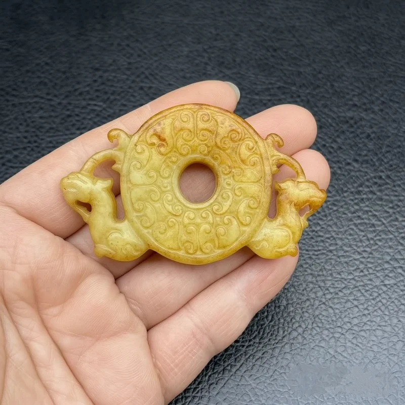Archaic Jade Double Dragon Bi Disc Pendant Amulet Carved Phoenix Bird Ancient Dragon Jade Chinese Jewelry Auspicious Clasp