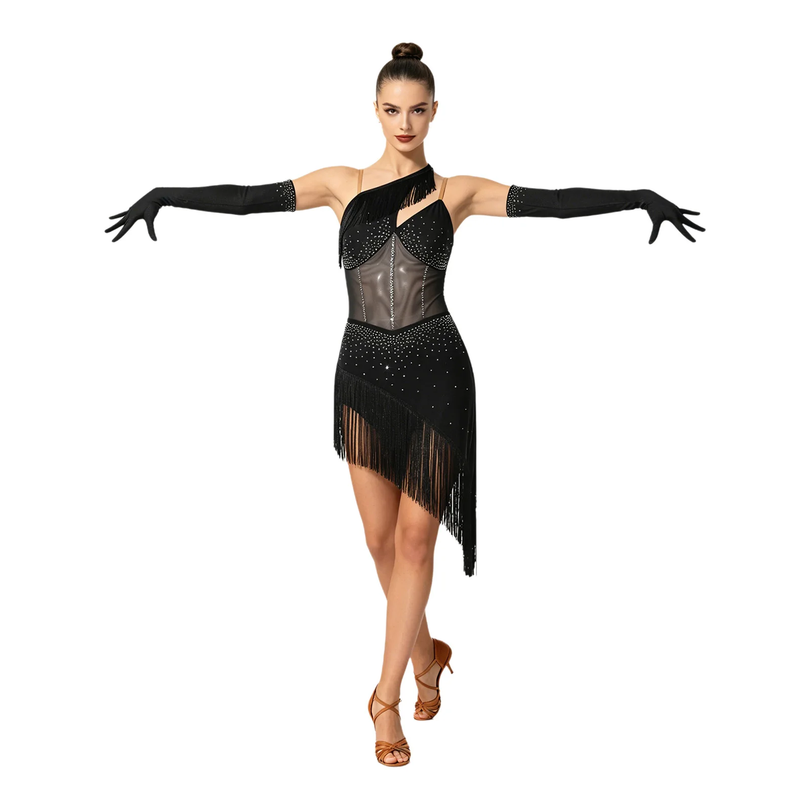 Damen Latin Samba Cha Cha Tanzkleid mit Strass-Mesh-Fransen, Asymmetrischem Rock und Langen Handschuhen, Wettbewerbs- und Aufführungskostüm – Detail 20