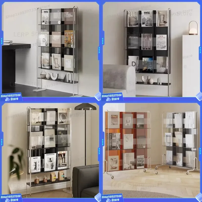 Modern Acrylic Floor to Ceiling Bookshelf Transparent Display Rack for Living Room Light Luxury Magazine CD Newspaper Storage