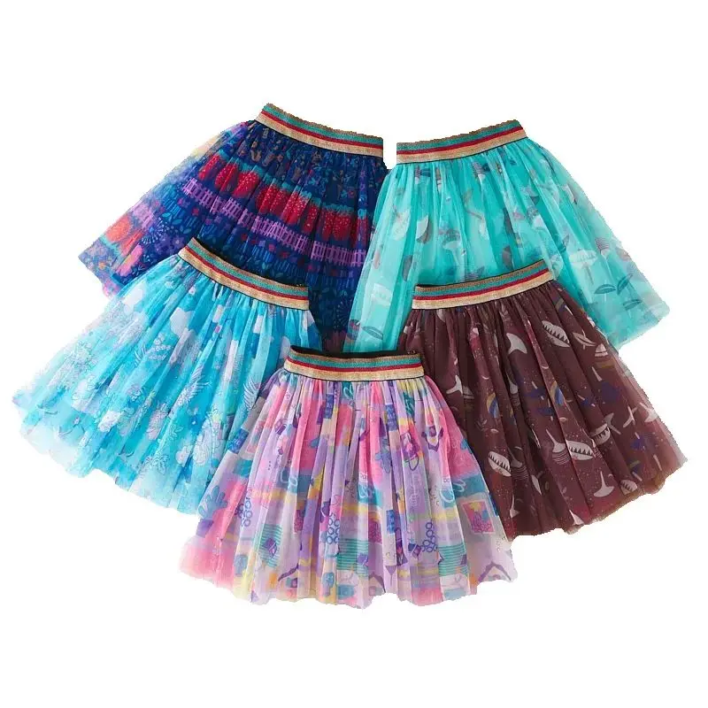 

2-12Years Girls New Cute Printed Mesh Pleated Skirt Kids Puffy Princess Skirt School Girl Photography Waist Skirt 2025