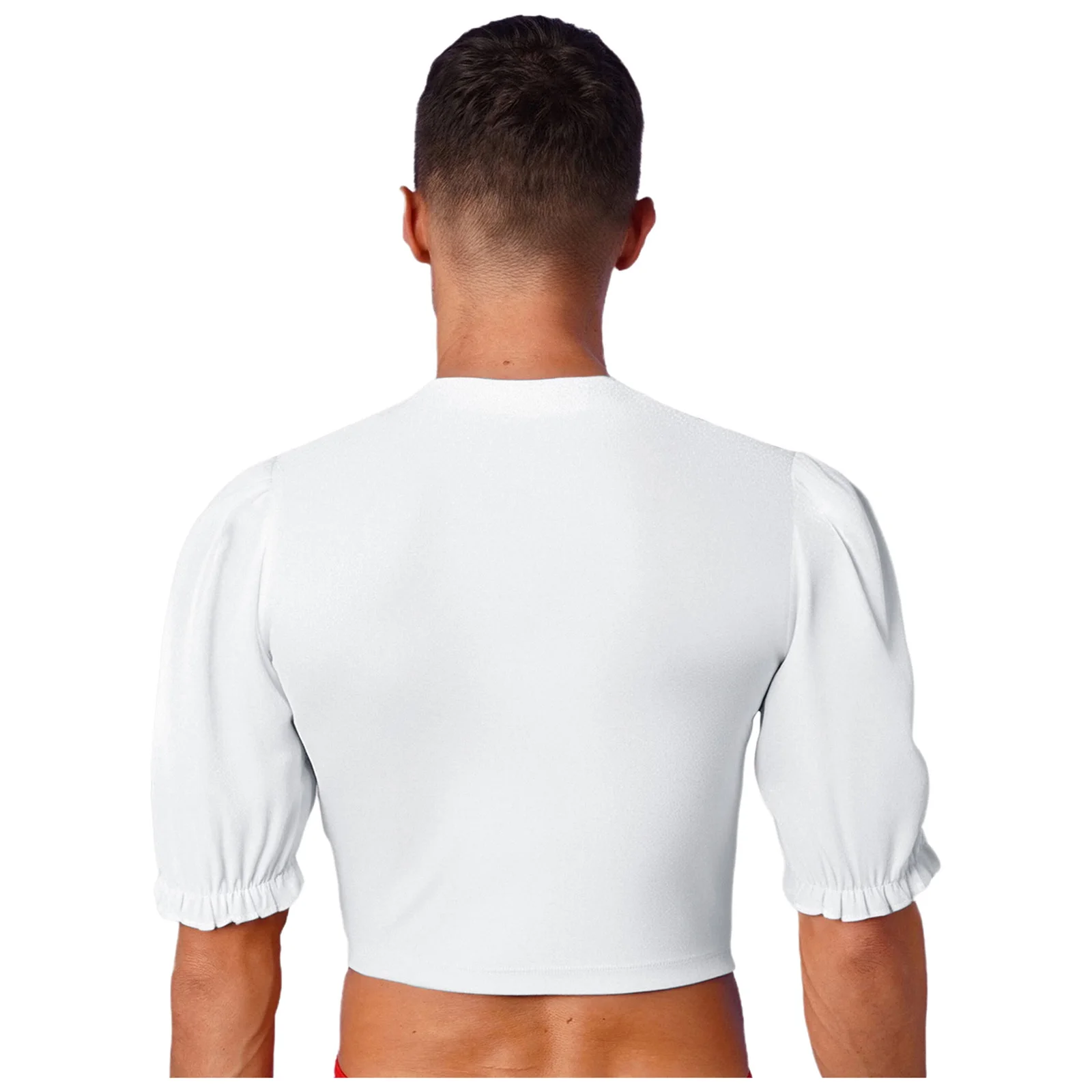 男性バレエダンストップス中世バレエプリンスダンスウェアパフォーマンストップハーフスリーブフリル袖口プルオーバーベースレイヤークロップシャツ