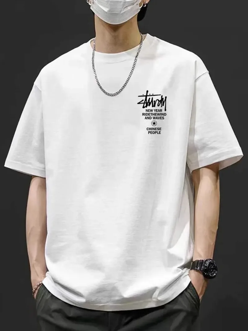 Camiseta de talla grande para hombre, camiseta de algodón de manga corta con estampado informal, cuello redondo, top de moda holgado transpirable de verano