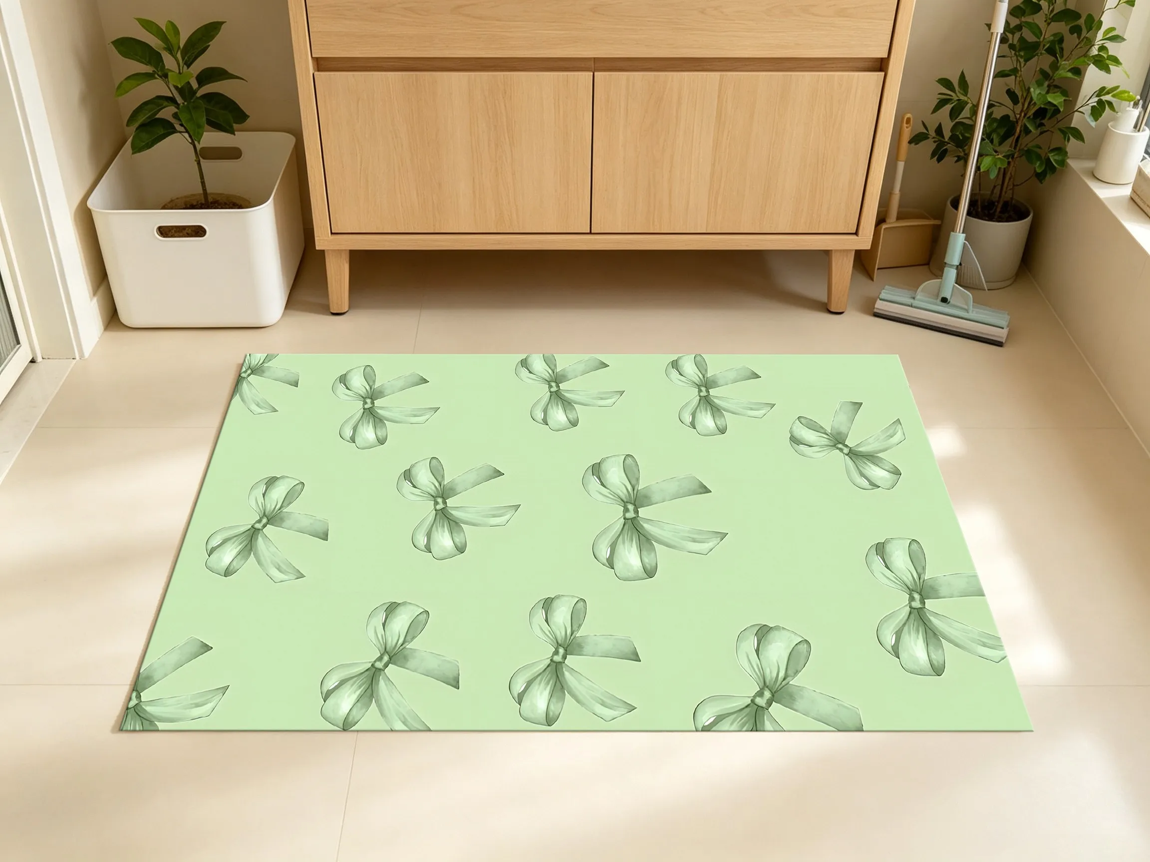 2D Large Light Green Watercolor Bow Carpet Refreshing Soothing Style Bedroom Living Room Rug