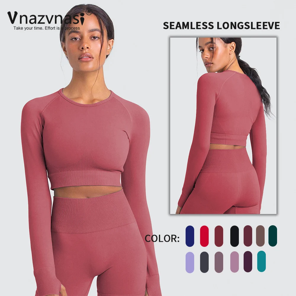 Vnazvnasi Seamless Yoga Top With Long Sleeve Sports Shirts for Fitness Push Up Solid colors Workout Clothes Sportswear Woman Gym