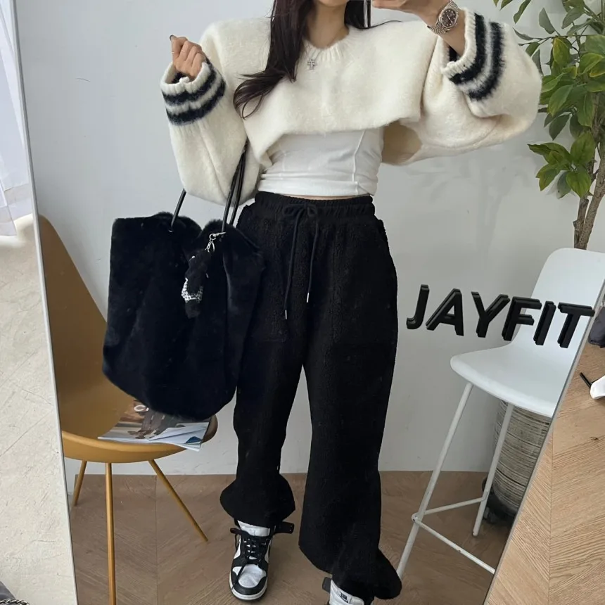 Spodnie damskie z wysokim stanem, stringi, z podszewką, z mankietami, lekkie, ciepłe, codzienne, koreański styl, regularny krój, średnio miękkie.