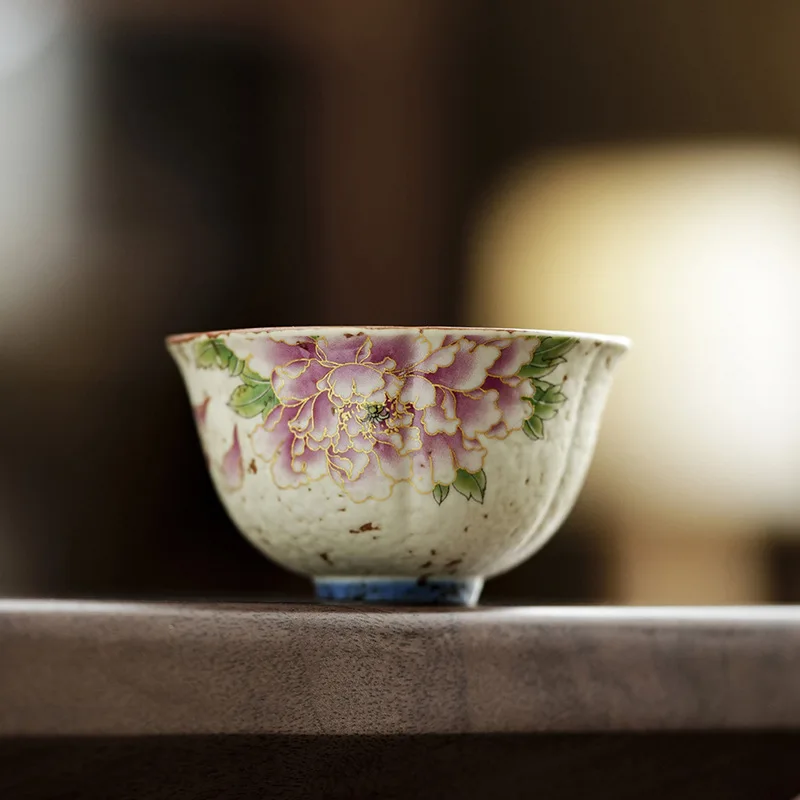 Retro Peony Ceramic Master Cup Blue White Iron Red Golden Thread Household Personal Exclusive Tea Tasting Home Table Decor Gift