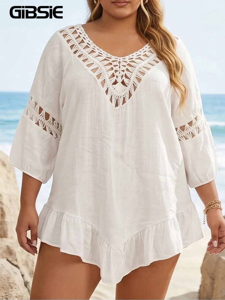 

GIBSIE Plus Size Tassel Tie Backless Hollow Out Bikini Cover Up Women Summer Ruffle Hem Tunic Bathing Suit Female Beach Wear