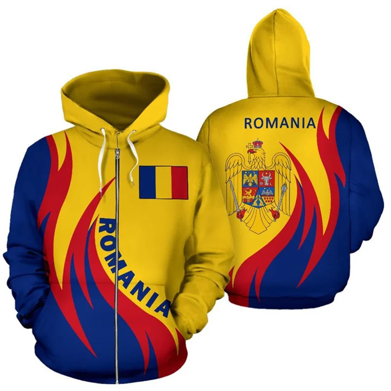 

Romania Flag Graphic Zipper Pullovers For Men Romanian Emblem 3D Printed Hoodies Fashion Loose Street Long Sleeve Sweatshirts