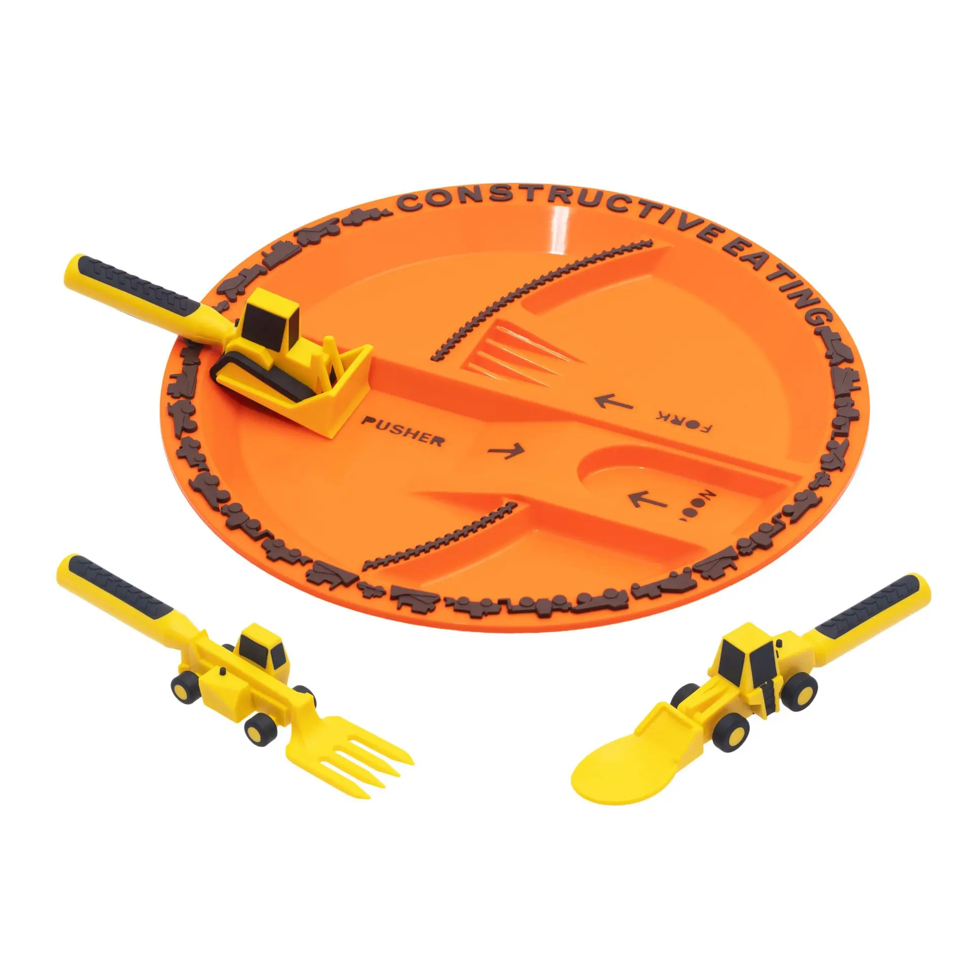 Toddler Construction Plate Set (4-Pieces) - Fun Bulldozer & Forklift Design, Unbreakable Melamine Dinnerware for Boys & Girls