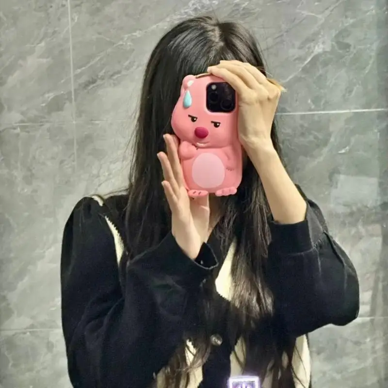 Funda de teléfono Kawaii Loopy para Iphone 11, 12, 13, 14, 15 Pro Max, protección de pantalla, carcasa de silicona de dibujos animados 3D, Castor Rosa divertido