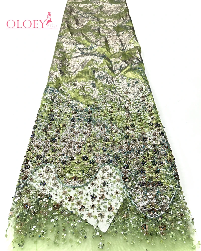 

OLOEY Luxury African Lace Fabric High Quality Sequins Beads Lace Fabrics For Nigerian Wedding French Tulle Lace Fabric 5yards