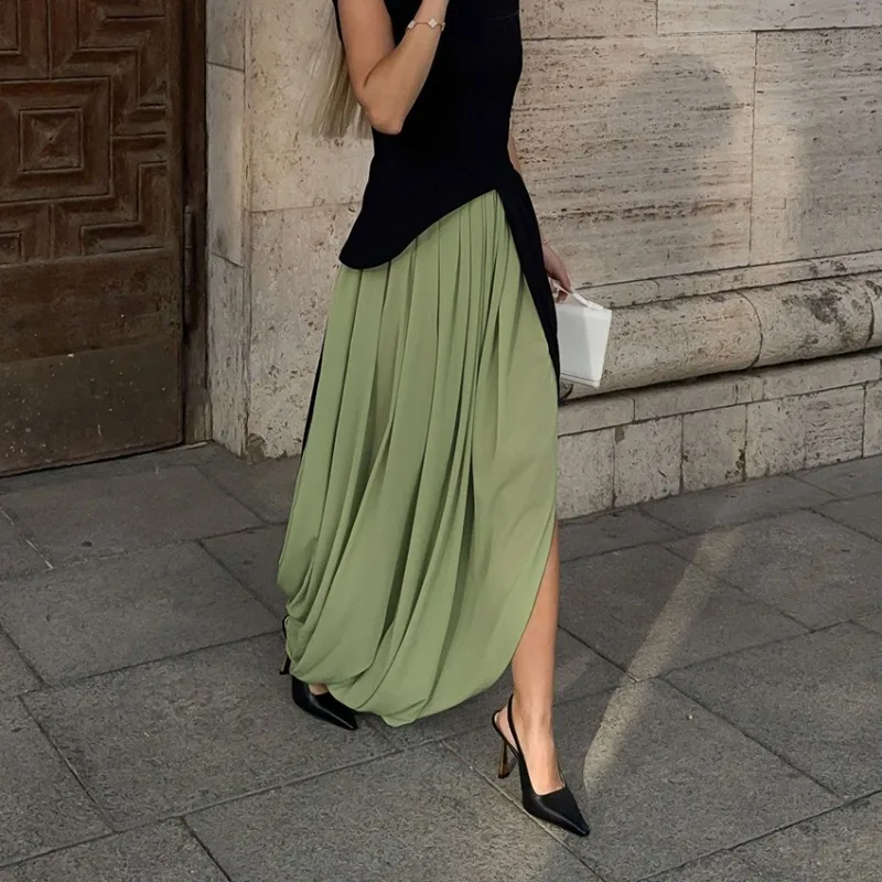 Women 2026 Summer New Hot Selling Flowy Chiffon Long Maxi Skirt Design Elegant Fashion Draped Asymmetrical Commute Office Trendy