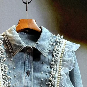 Jacke-Jeans mit kurzen Ausnahmen für Frauen, schwere Arbeiten, Spitzennähten, hellblau, Revers, Einzelbrust, Langarmjacke, Frühling Jeans Jacke 8 Hauptverkäufe Frauen hellblauer Mantel - №8