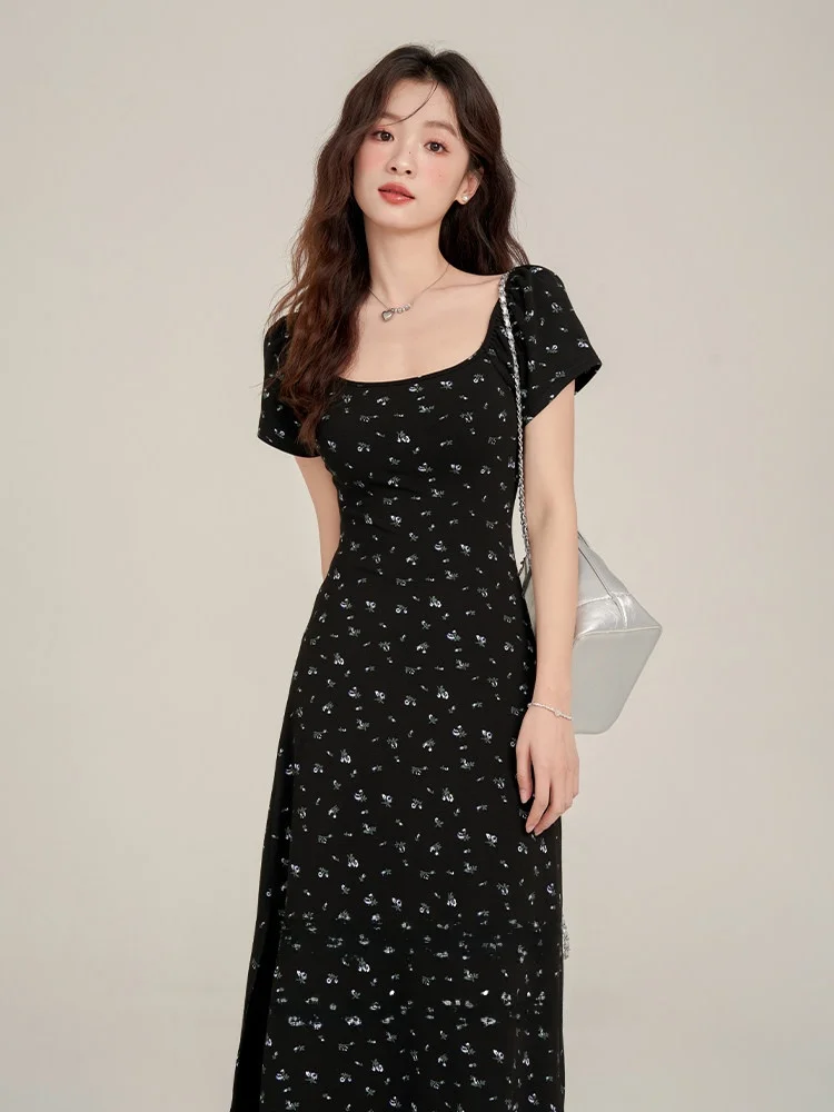 

Summer New Style Su Xiaolei Retro Square Collar Black Floral Short Sleeve Dress Commute Casual High Waist A-Line Dress