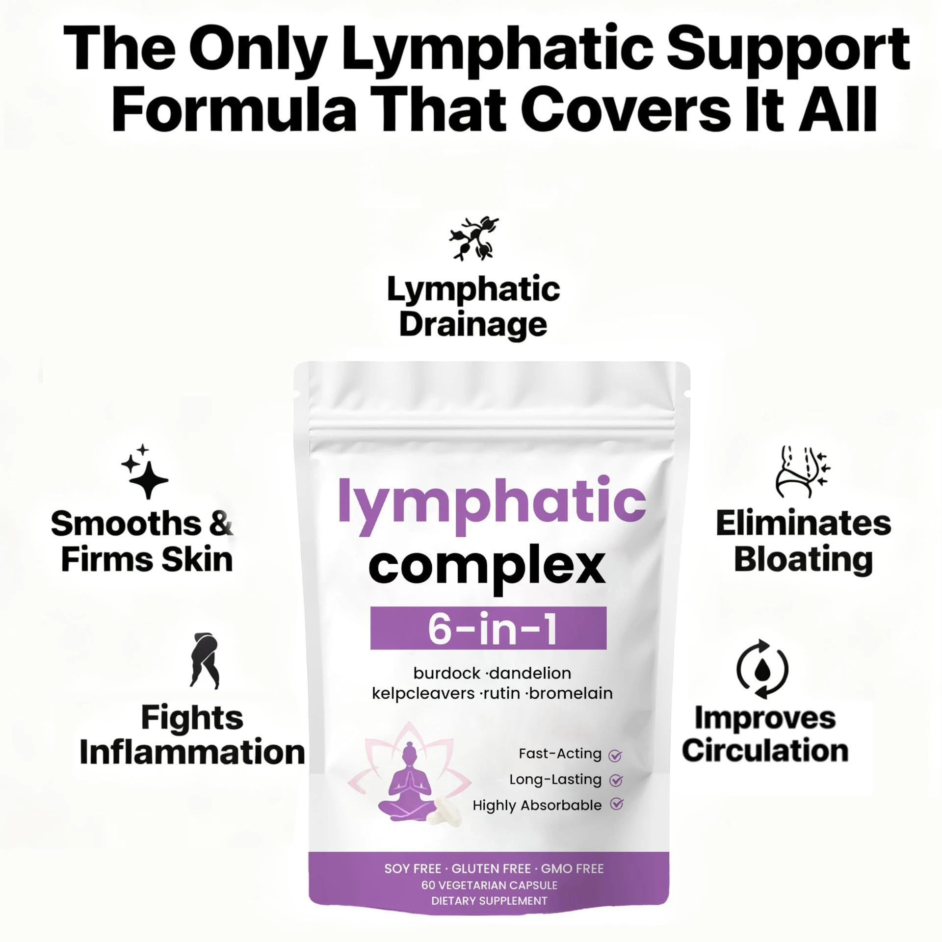 6-in-1 Lymphatic Complex Capsules with Burdock, Dandelion, Kelp, Cleavers, Rutin & Bromelain, Lymph Support Supplement 60 Ct