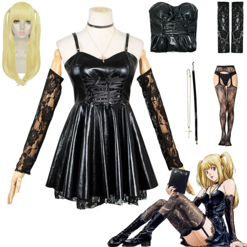 Disfraz de Death Note Misa Amane, conjunto completo de ropa de cuero, vestido Sexy, calcetines con tirantes de encaje, collar, peluca, Halloween