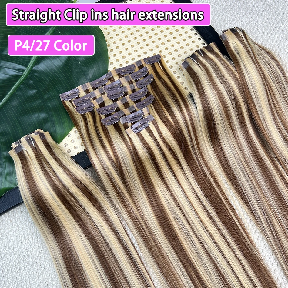 

Накладные прямые волосы P4/27 Highlight Color, 100 грамм, 7 шт./набор, бесшовные, на клипсах, из вьетнамских натуральных волос.