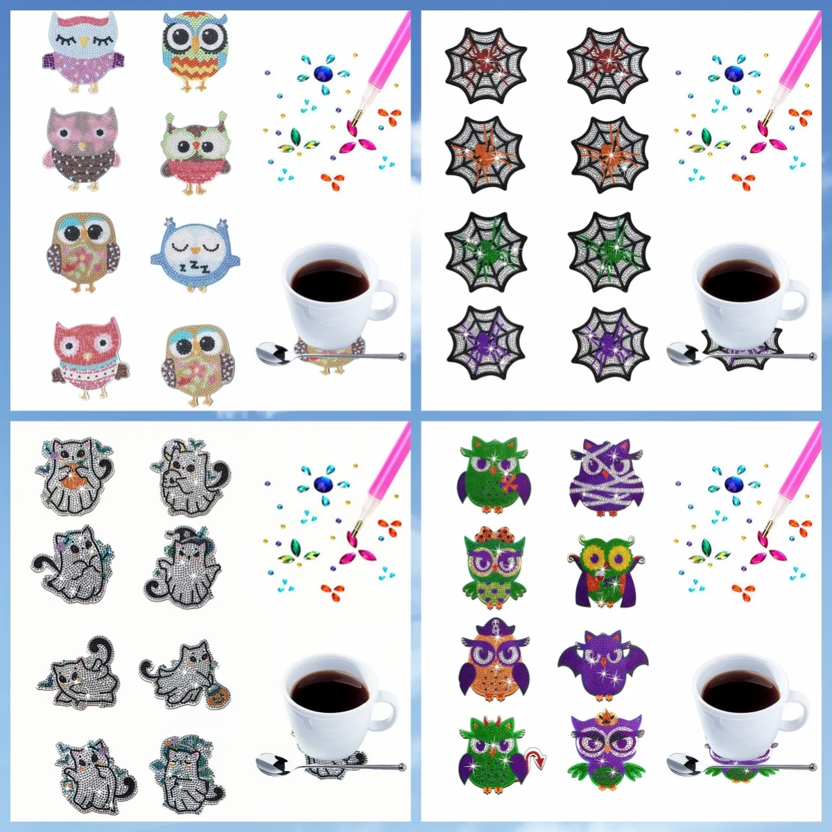 

8-piece/set DIY Halloween-style diamond painting set without stand anti-slip coasters, perfect for beginners and adults as gifts