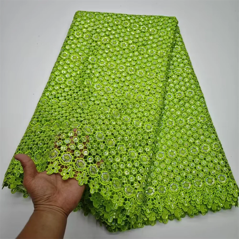 

Green African Guipure Cord Lace Fabric With Sequins Nigerian High Quality Embroidery Mesh Water Soluble Material 5 Yards DW31