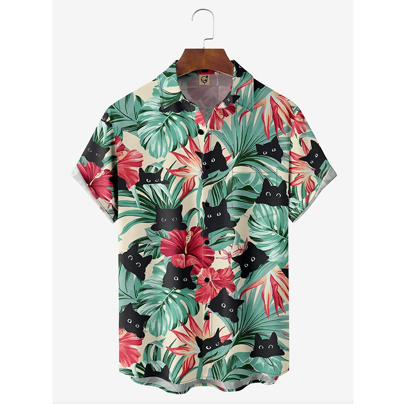 

Hot New Men Fashion Luxury Hawaiian Holiday Beach Floral Cat Shirt Womens Clothes Blouse Best Ethnic Style Clothing 2024 Camisa