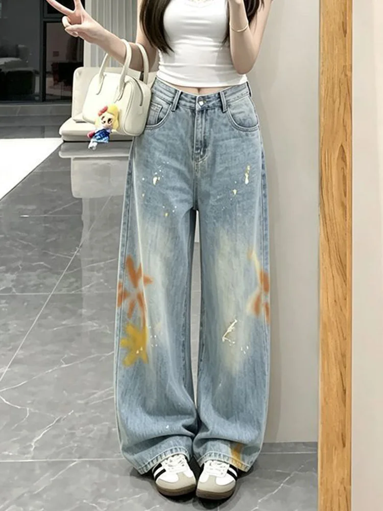 Retro American Spicy Girl Design Graffiti  Painted Loose Wide Leg Denim Jeans for Women Trendy High Waist Vintage Style