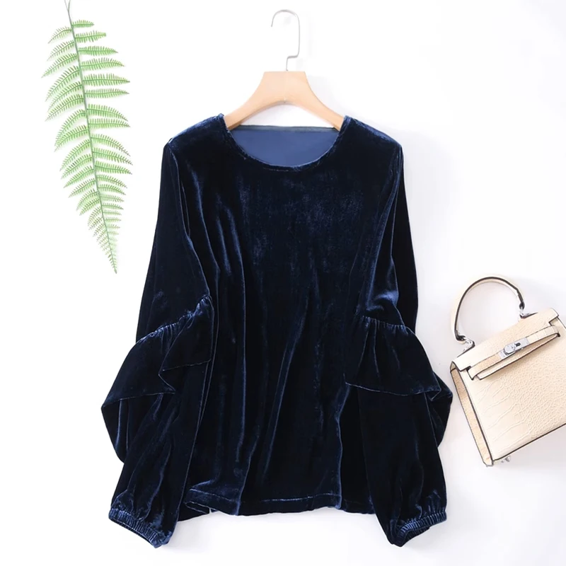 Women Silk Velvet Blouse Real Mulberry Silk Solid Colors Shirt Top Pullover Loose Type Ruffles Long Sleeve L XL XXL FF034