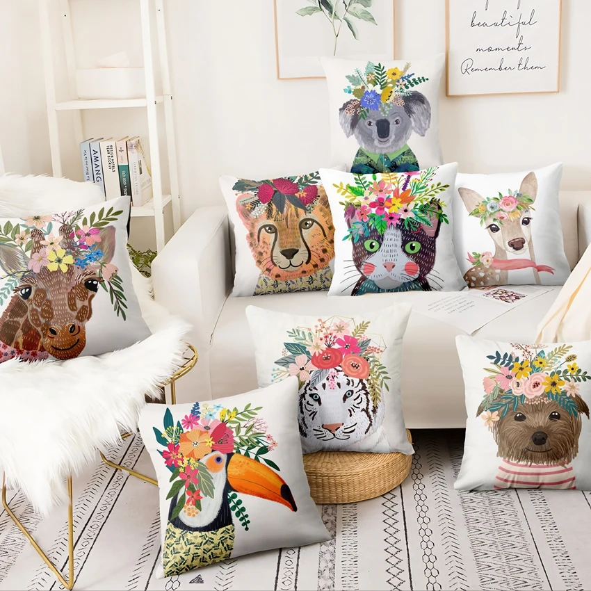 45*45cm fresh cartoon illustration printing pillowcase decorative pillow home decoration cute animal with flower cushion