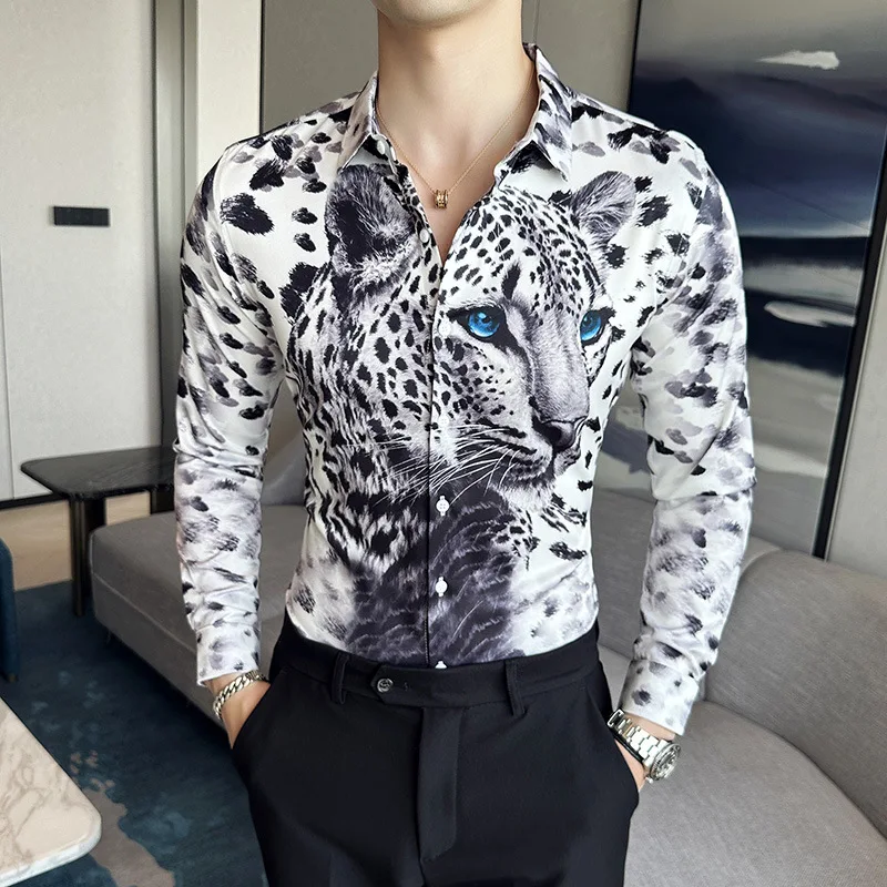 2024 Summer 3D Leopard Print Shirts Men Long Sleeve Slim Fit Casual Shirts Social Party nightclub Tuxedo Blouse men clothing