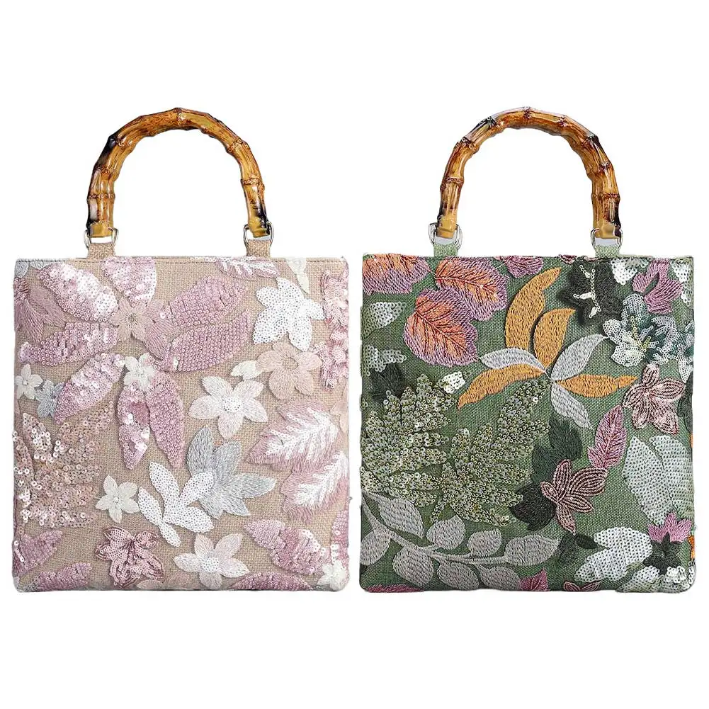 

Floral Embroidery Sequin Handbag Bamboo Handle Summer Beach Bag Vintage Shopper Purse for Women Work Shopping Travel