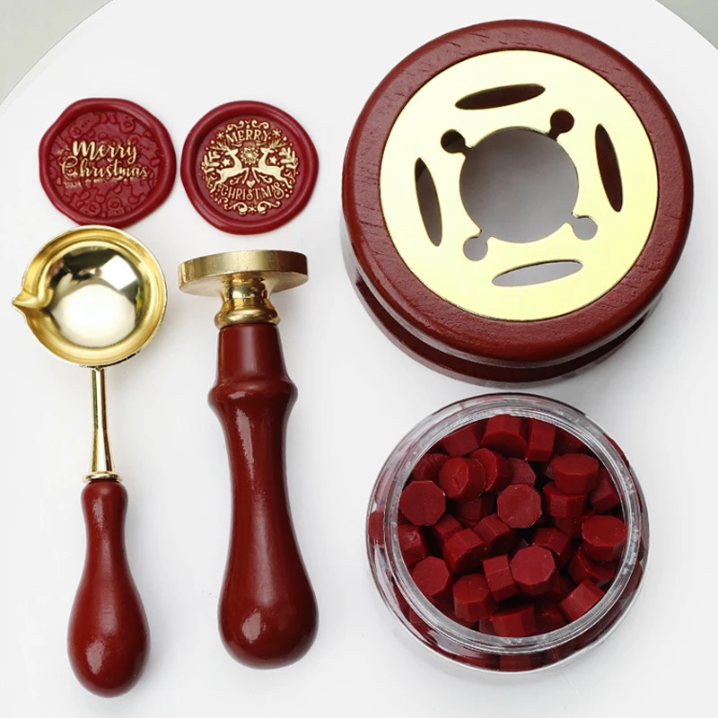 3PCS Wax Seal Stamp Set Lacquer Furnace Solid Wood Stove Fire Paint Seal Supplies Wax Spoon Sealing Wax Melting Pot Craft