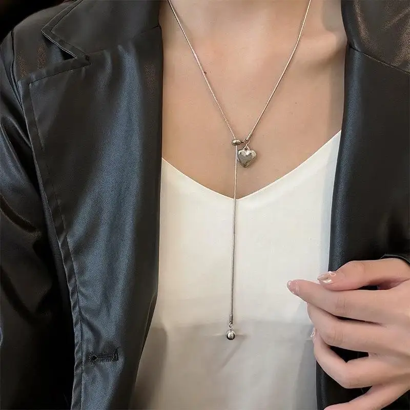 New Trend Heart Pendant Drawstring Necklace For Women Korean Fashion Long Adjustable Sweater Chain Aesthetic Jewelry Accessories