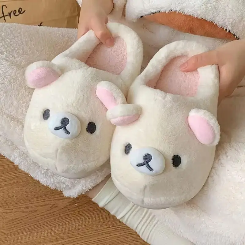 Zapatillas de algodón Kawaii Bear Rilakkuma, bonitas zapatillas planas con punta cerrada para hombres y mujeres, zapatos de invierno con dibujos animados para el hogar, calzado para parejas