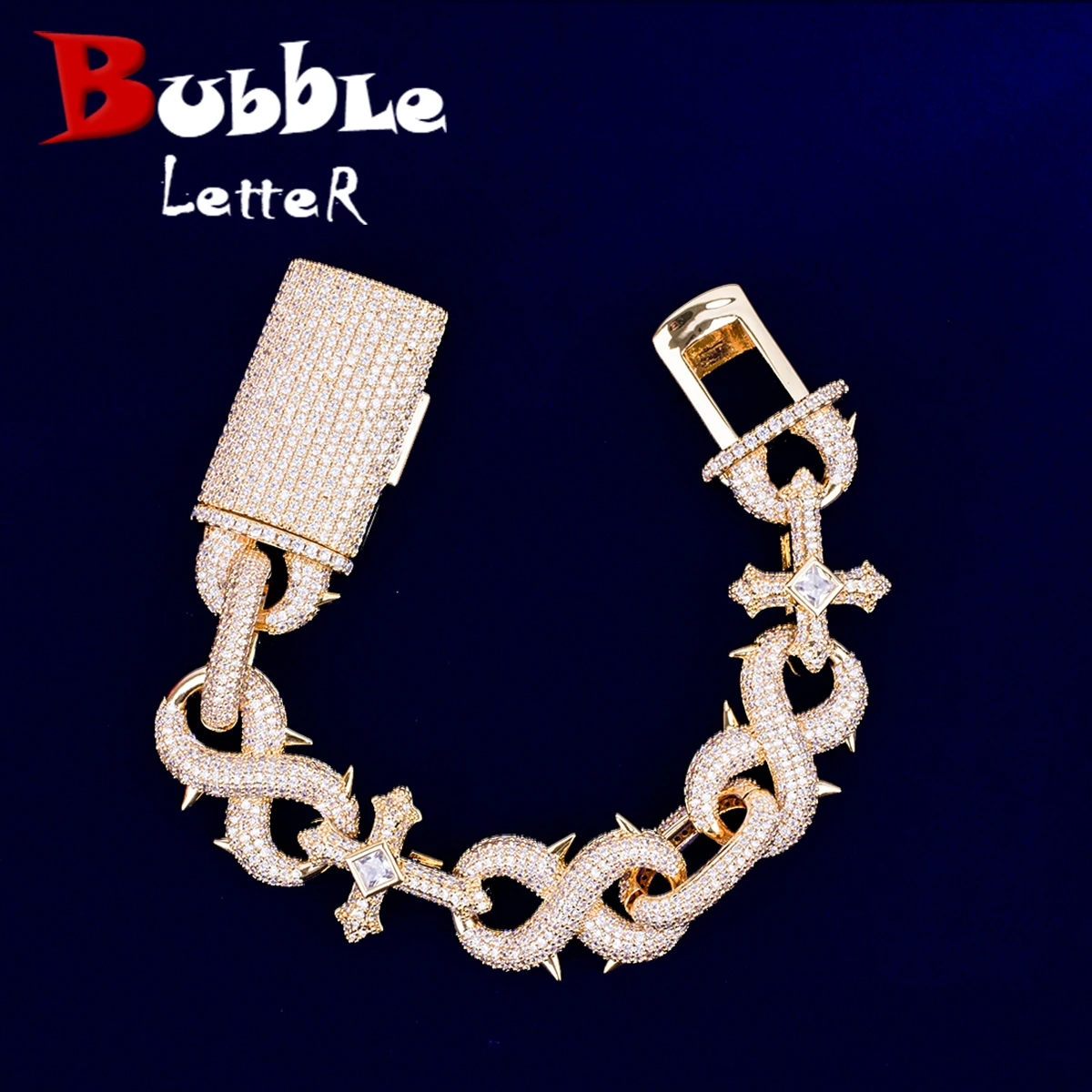 

Bubble Letter Prong Cross Infinity Bracelet Cuban Link for Women Two Tone Cubic Zirconia Iced Out Charms Hip Hop Jewelry