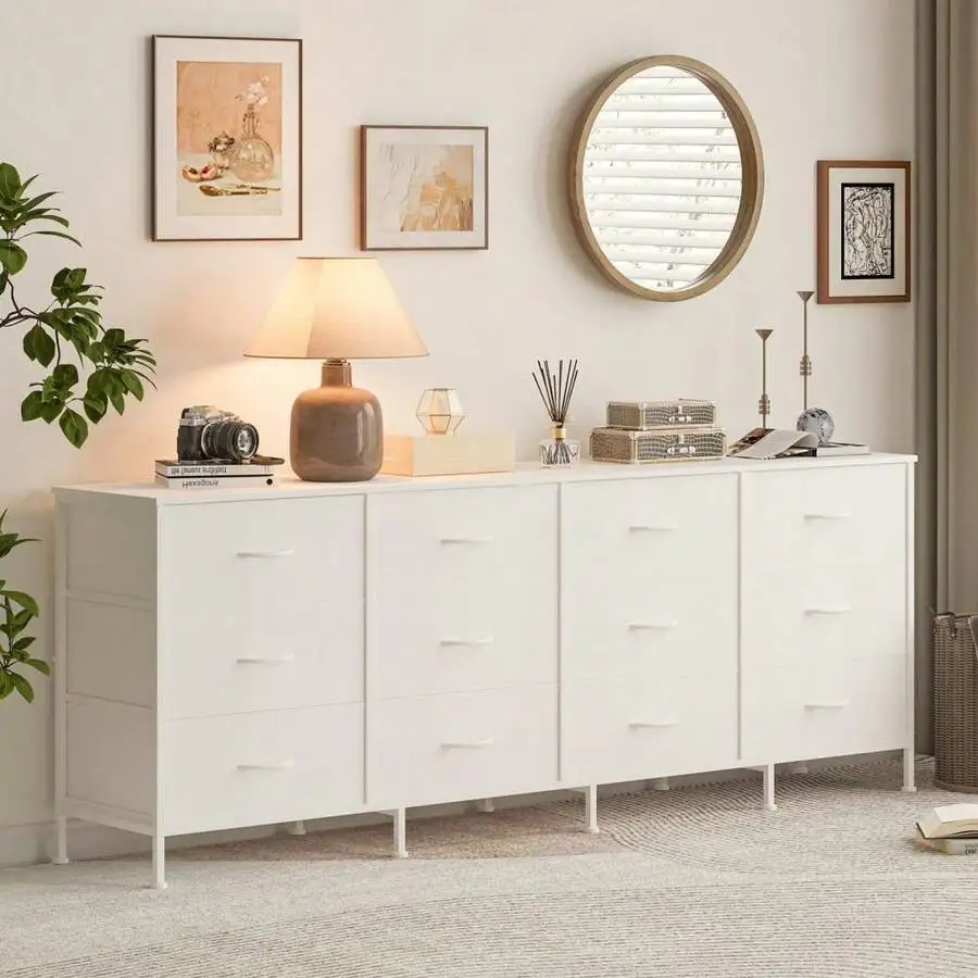 70' Wide Fabric Dresser TV Stand With 12 Drawers, Media Console For 65–80' TVs, Stable Wood Frame, Large Storage Chest For Livin