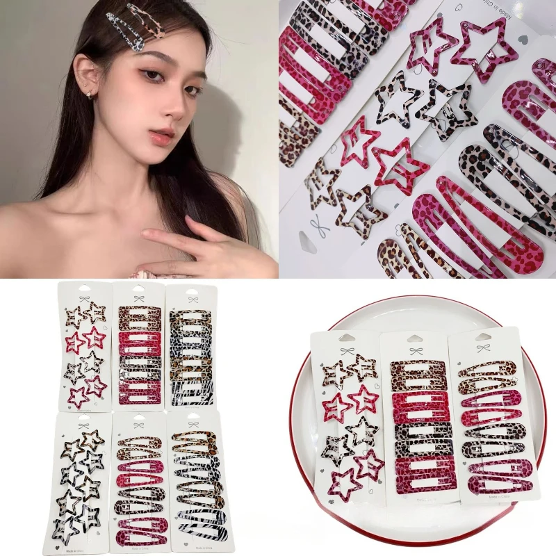 

8 Pieces/set Leopard Print Women's Hair Clip Retro Five Pointed Star BB Clip Bangs Hair Accessory Set