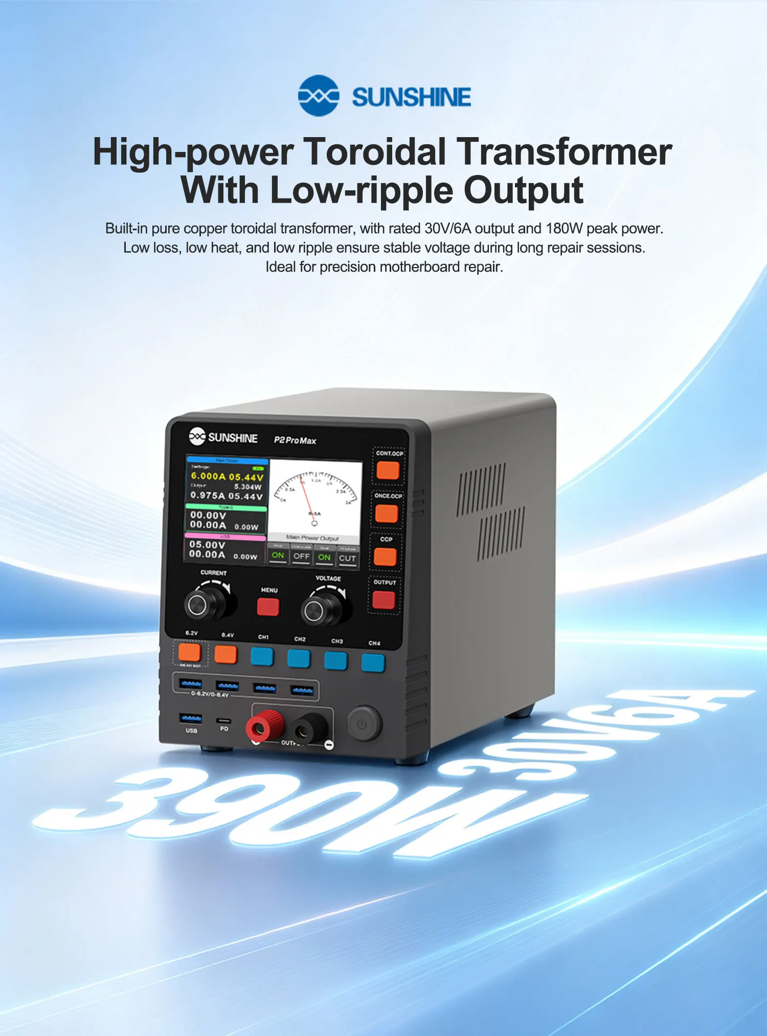 SUNSHINE P2 Pro Max 30V 6A 390W Smart Regulated Power Supply Adjustable DC Power Supply Dual Fast Charging for Phone Repair