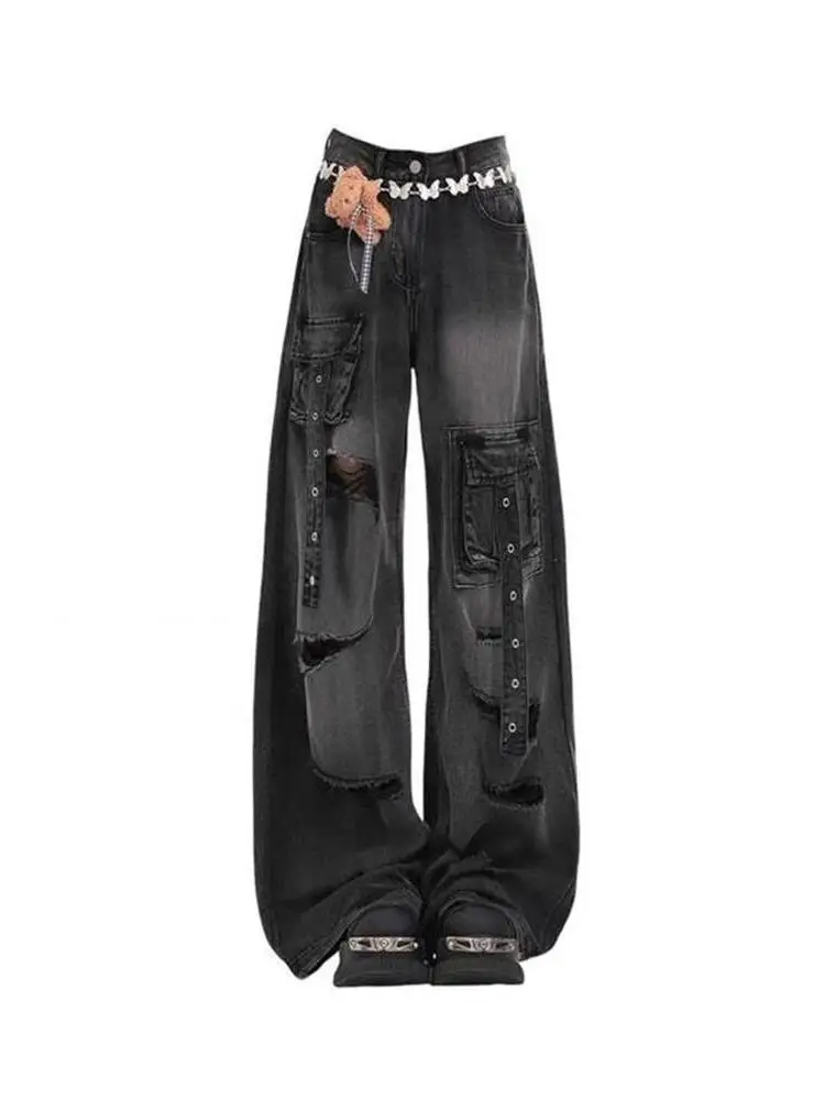 High Waist Black Denim Workwear Pants Women's Summer 2024 New Style Multi-Pocket Wide Leg American Design Sense Jeans
