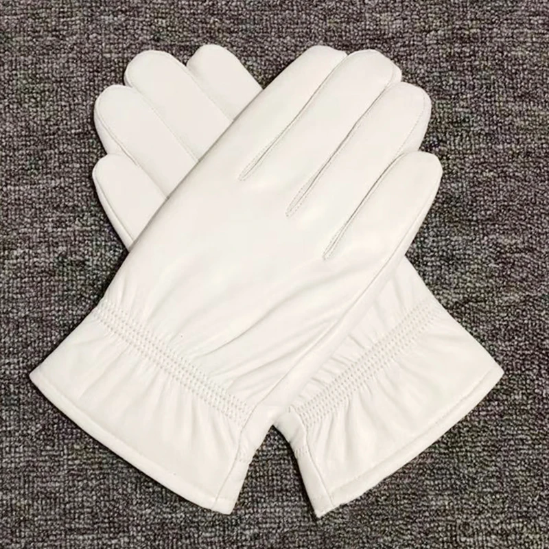 Fashion Quality Genuine Leather White Gloves For Man Solid Wrist Full Finger Lambskin Mittens Warm Winter Windproof Driving