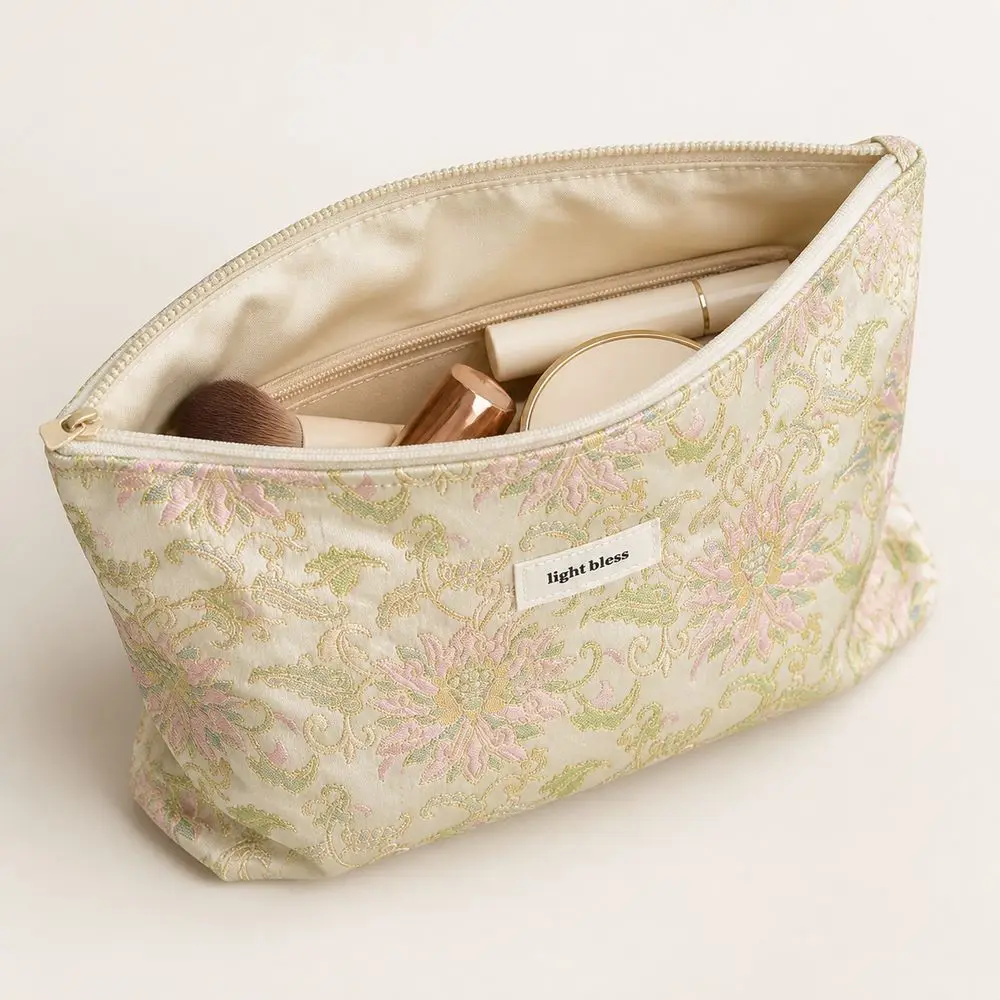 Canvas-Kosmetiktasche mit Jacquard-Textur im chinesischen Stil, Clutch-Tasche mit großem Fassungsvermögen und Lotusmuster, Organizer-Beutel