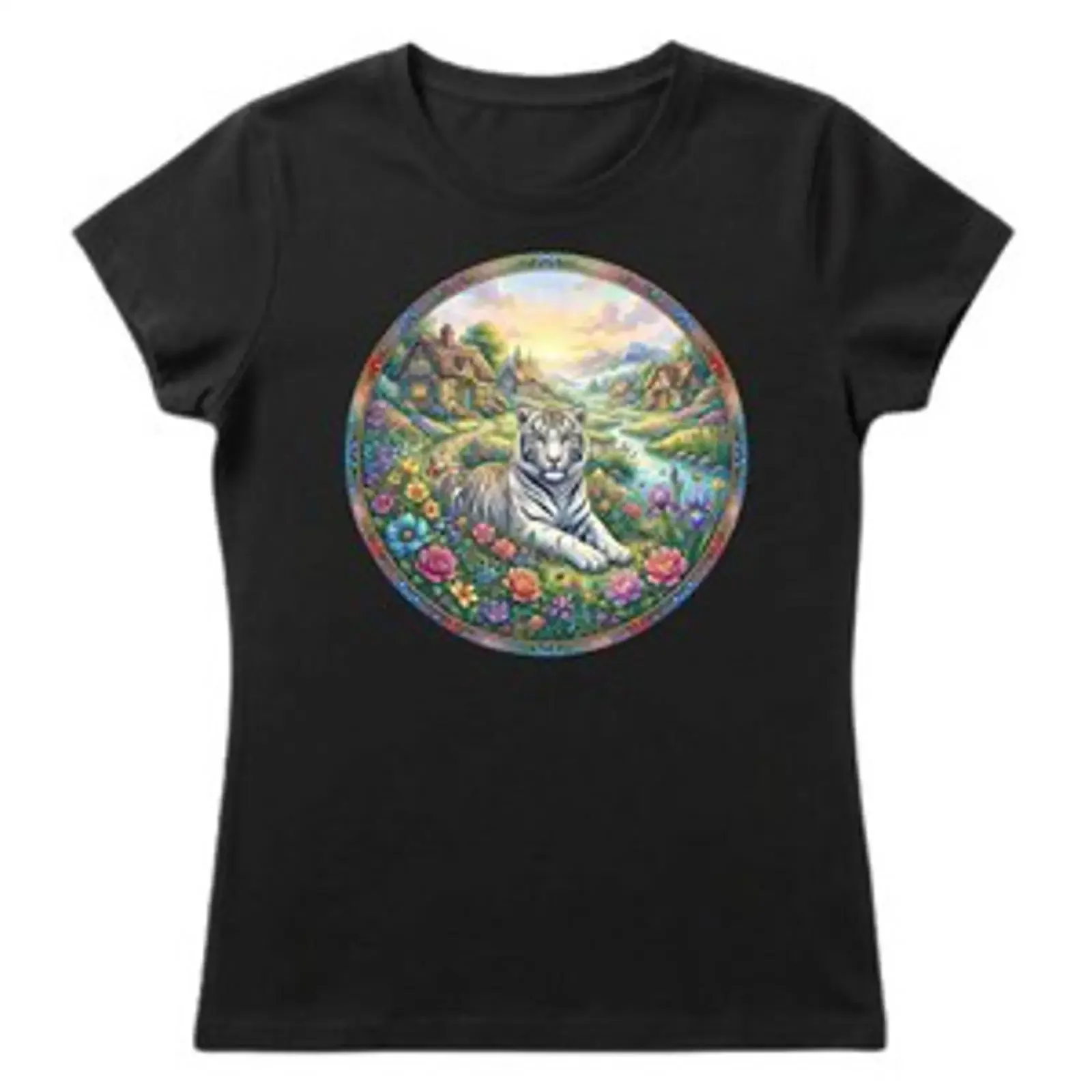 Damen T Shirt Weißer Tiger Blumen Mandala Boho Stil Natur Wildnis Geschenk vintage Washed Soft Top For Everyday Wear